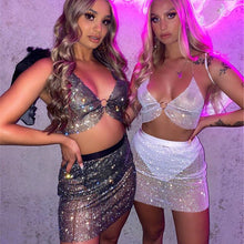 Load image into Gallery viewer, Sparkly Mesh Sheer Hollow See Through Fishnet Rhinestone Crystal Sexy Top Skirt Set, Rhinestone Crystal Fabric, Body Chain Jewelry, Sexy jewelry, Showgirl Decor